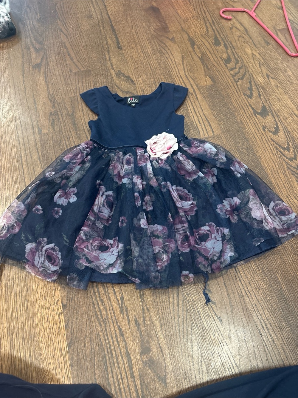 lilt Navy Dress with Pink Floral Tulle and Rose Accent